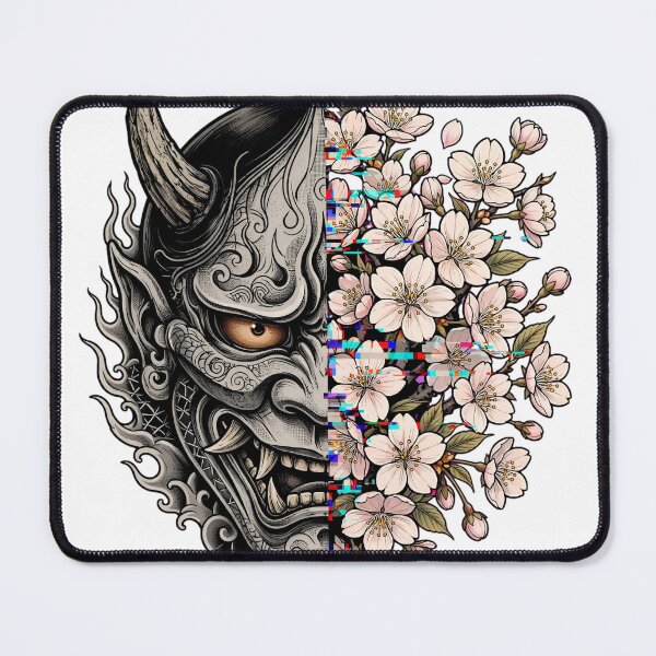 Item preview, Japanese Oni Mask Cherry Blossom Glitch Tattoo Art designed and sold by Ameir12.
