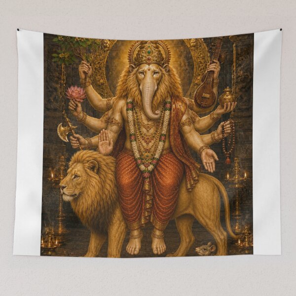 Item preview, Simha Ganapati Riding Lion – 32 Forms of Ganesha Devotional Art designed and sold by Homyar.