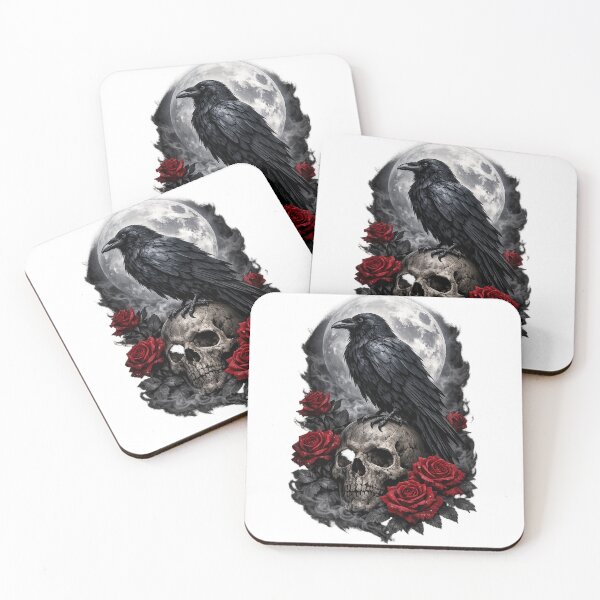 Item preview, Realistic Raven on Skull with Red Roses and Full Moon designed and sold by MentShop1.