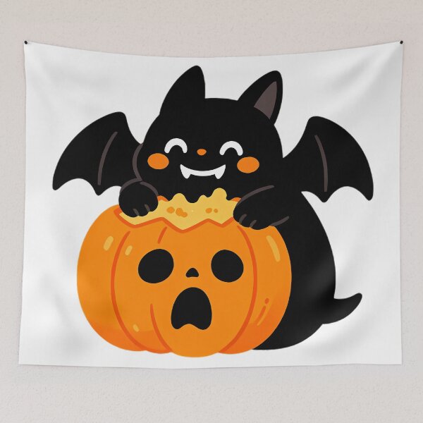 Item preview, Cute Bat-Cat Biting Surprised Pumpkin — Funny Halloween designed and sold by Bondingbonding.