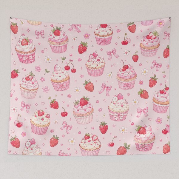 Item preview, Strawberry Bow Cupcake Garden – Cute Pink Kawaii Dessert Pattern designed and sold by Moonlight Studio.