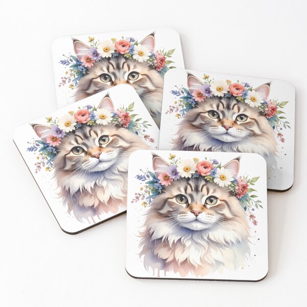 Item preview, Fluffy Cat Wearing Flower Crown Watercolor Portrait designed and sold by BetweenForms.
