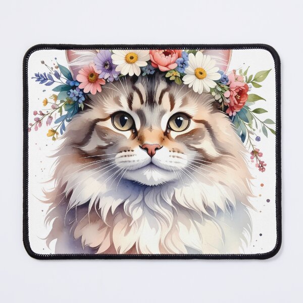Item preview, Fluffy Cat Wearing Flower Crown Watercolor Portrait designed and sold by BetweenForms.