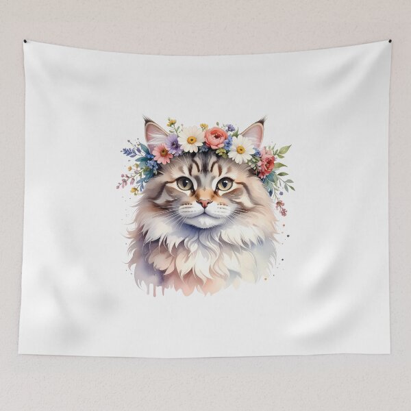 Item preview, Fluffy Cat Wearing Flower Crown Watercolor Portrait designed and sold by BetweenForms.