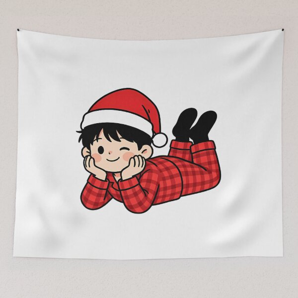 Item preview, Cute Christmas Chibi Boy in Red Checkered Pajama & Santa Hat designed and sold by Bondingbonding.