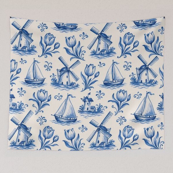 Item preview, Delftware Windmill Tulip Seamless Pattern | Blue and White Dutch Delft Tile designed and sold by StickyGuys.