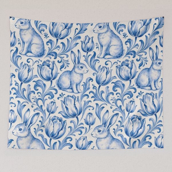 Item preview, Rabbits among the tulips, tin-glaze blue. Suitable for anyone who likes their whimsy antique. designed and sold by StickyGuys.