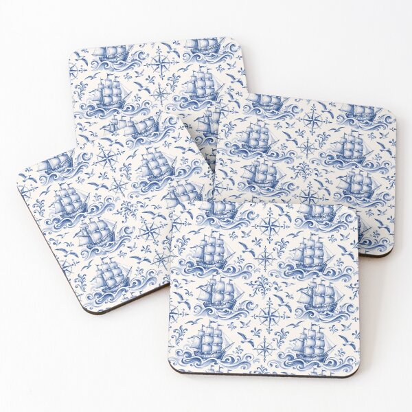 Item preview, Delftware Sailing Ship Seamless Pattern | Blue and White Dutch Delft Nautical designed and sold by StickyGuys.