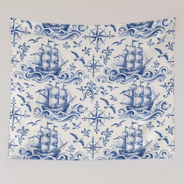 Item preview, Delftware Sailing Ship Seamless Pattern | Blue and White Dutch Delft Nautical designed and sold by StickyGuys.