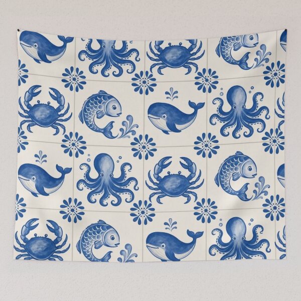 Item preview, Delft Tile Sea Creature Seamless Pattern | Blue and White Dutch Nautical Tile designed and sold by StickyGuys.