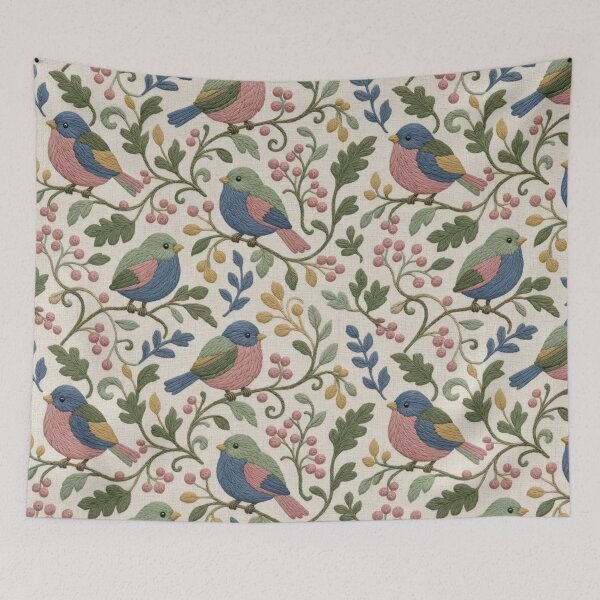 Item preview, Crewel Embroidery Bird Berry Seamless Pattern | Vintage Wool Stitch Folk Bird designed and sold by StickyGuys.