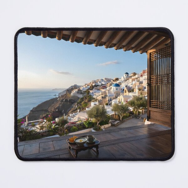 Item preview, Hanok Window to the World: Santorini Oia Morning & Aegean Sea Blue Domes | Fine Art Print designed and sold by SOOstudio73.