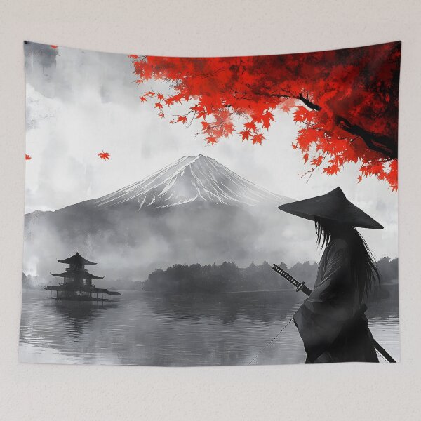 Item preview, Japanese Serene Lake Mount Fuji Red Maple Samurai Fisherman designed and sold by mildaclairmo.