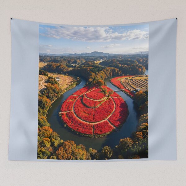 Item preview, Crimson Red Spider Lily Autumn Aerial Landscape designed and sold by conohitoAI-ArtGallery.