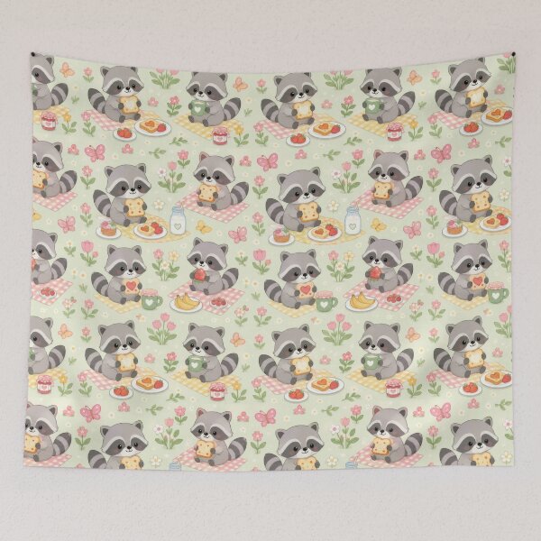 Item preview, Raccoon Spring Garden Breakfast Kawaii Pattern designed and sold by Soft Berry Studio.