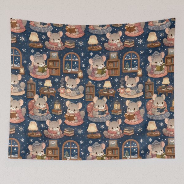 Item preview, Chinchilla Cozy Winter Library Kawaii Pattern designed and sold by Soft Berry Studio.