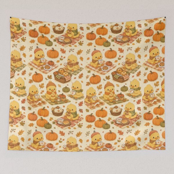 Item preview, Duckling Autumn Pumpkin Picnic Kawaii Pattern designed and sold by Soft Berry Studio.