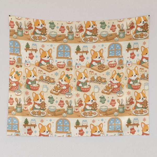 Item preview, Corgi Winter Gingerbread Kitchen Kawaii Pattern designed and sold by Soft Berry Studio.