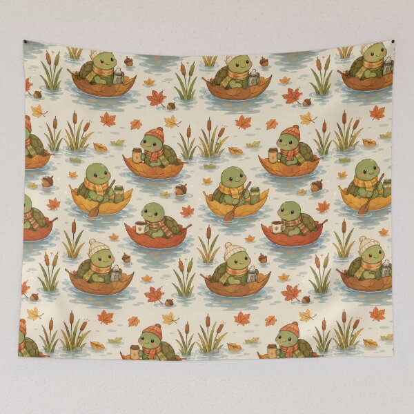 Item preview, Turtle Autumn Leaf Boat Kawaii Pattern designed and sold by Soft Berry Studio.