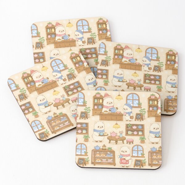 Item preview, Alpaca Cozy Winter Tea Shop Kawaii Pattern designed and sold by Soft Berry Studio.