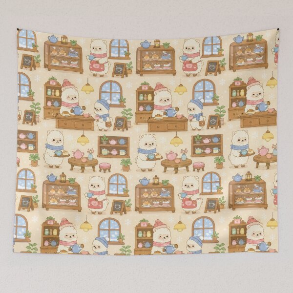 Item preview, Alpaca Cozy Winter Tea Shop Kawaii Pattern designed and sold by Soft Berry Studio.