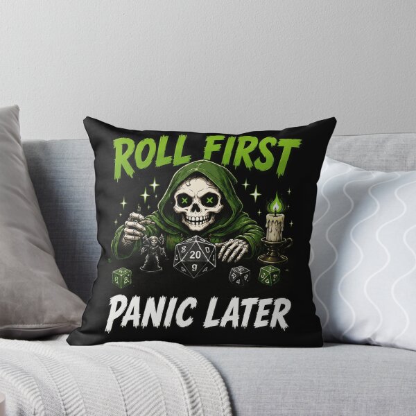 Item preview, D20 First Panic Later Tabletop RPG Gaming Skull designed and sold by markymaarty.
