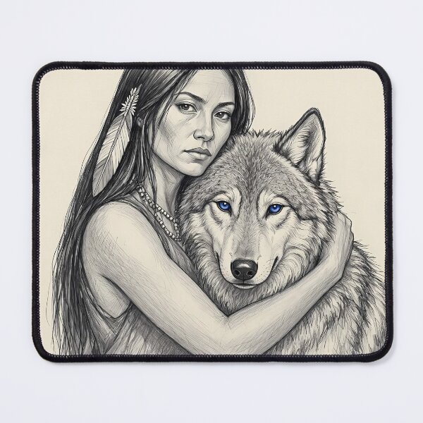 Item preview, Girl with Blue Eyed Wolf Pencil Drawing designed and sold by jo-e-basta.