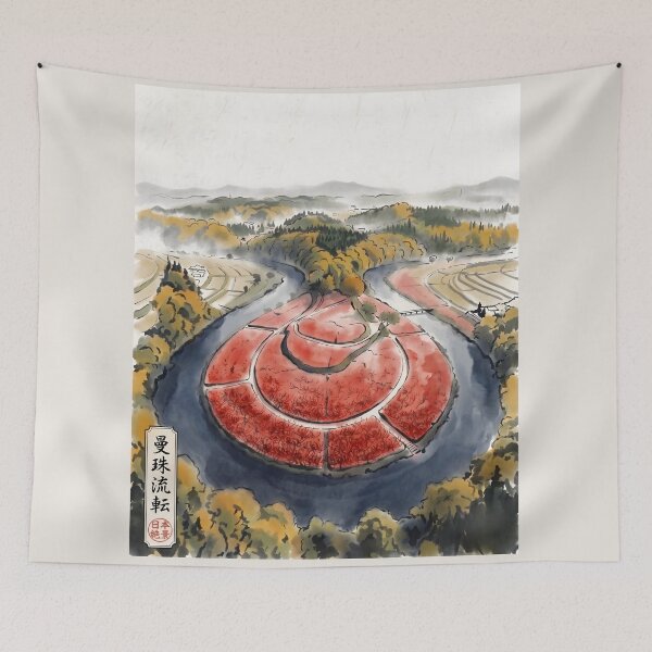 Item preview, Sumi-e Red Spider Lily Aerial River Landscape designed and sold by conohitoAI-ArtGallery.