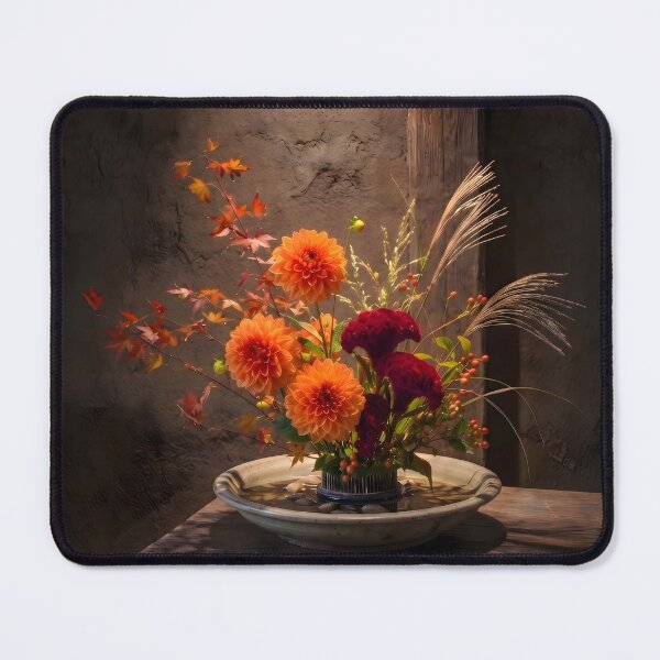 Item preview, Moody Autumn Moribana: Dahlia & Cockscomb Ikebana designed and sold by conohitoAI-ArtGallery.