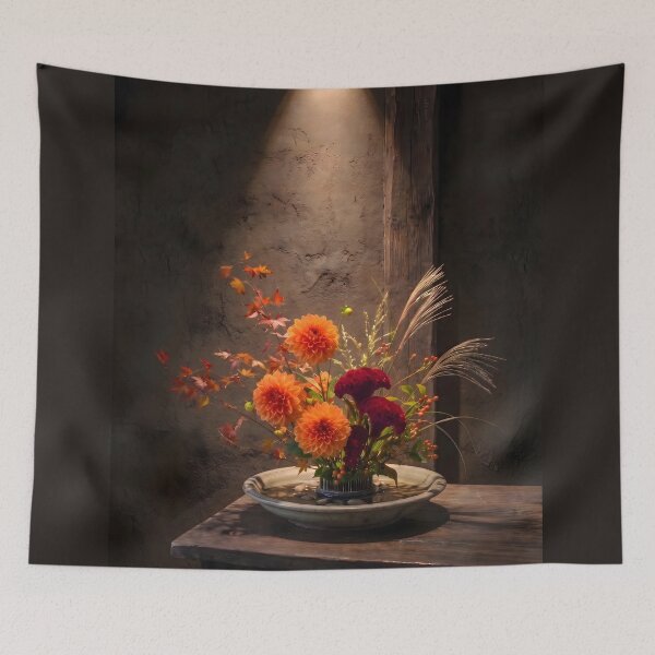 Item preview, Moody Autumn Moribana: Dahlia & Cockscomb Ikebana designed and sold by conohitoAI-ArtGallery.