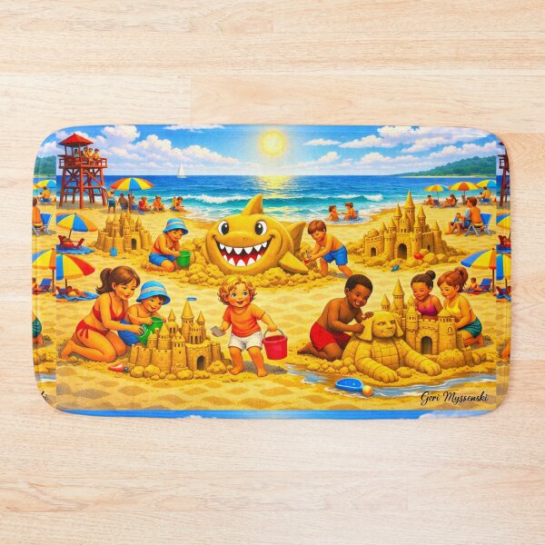 Item preview, Shark Attack Sandcastles – Cartoon Beach Day Chaos designed and sold by The Art Queen Of Michigan .
