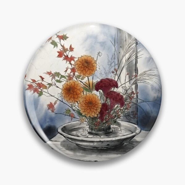 Item preview, Sumi-e Autumn Moribana: Dahlia & Cockscomb Art designed and sold by conohitoAI-ArtGallery.