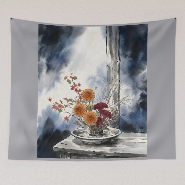 Item preview, Sumi-e Autumn Moribana: Dahlia & Cockscomb Art designed and sold by conohitoAI-ArtGallery.