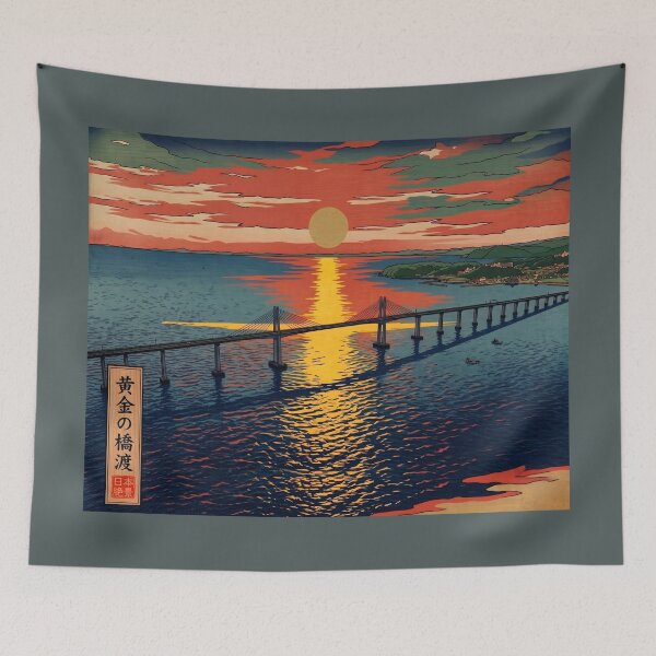 Item preview, Ukiyo-e Golden Sunset Ocean Bridge Art designed and sold by conohitoAI-ArtGallery.