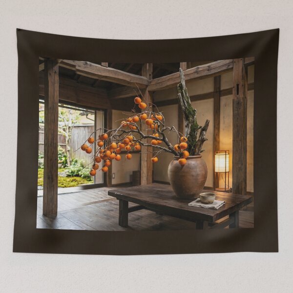 Item preview, Autumn Persimmon Ikebana Bunjinka Art designed and sold by conohitoAI-ArtGallery.