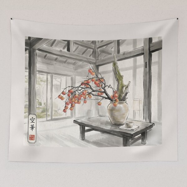Item preview, Sumi-e Autumn Persimmon Ikebana Art designed and sold by conohitoAI-ArtGallery.