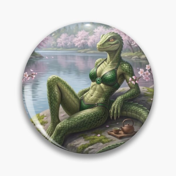 Item preview, Lizard anthropomorphic lady lounging in bikini by lake in cherry tree forest designed and sold by Prestons Corner.