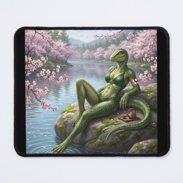 Item preview, Lizard anthropomorphic lady lounging in bikini by lake in cherry tree forest designed and sold by Prestons Corner.