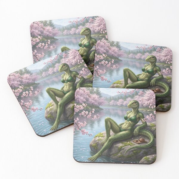 Item preview, Lizard anthropomorphic lady lounging in bikini by lake in cherry tree forest designed and sold by Prestons Corner.