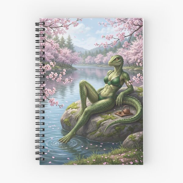 Item preview, Lizard anthropomorphic lady lounging in bikini by lake in cherry tree forest designed and sold by Prestons Corner.