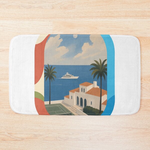 Item preview, Mediterranean Coastal Villa with Yacht Palm Trees and Moon — Back Print designed and sold by Luna Haven.