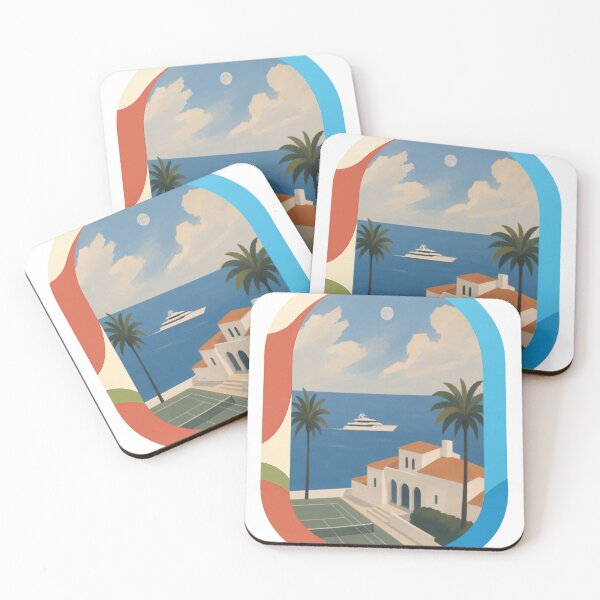 Item preview, Mediterranean Coastal Villa with Yacht Palm Trees and Moon — Back Print designed and sold by Luna Haven.