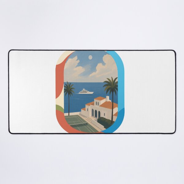 Item preview, Mediterranean Coastal Villa with Yacht Palm Trees and Moon — Back Print designed and sold by Luna Haven.