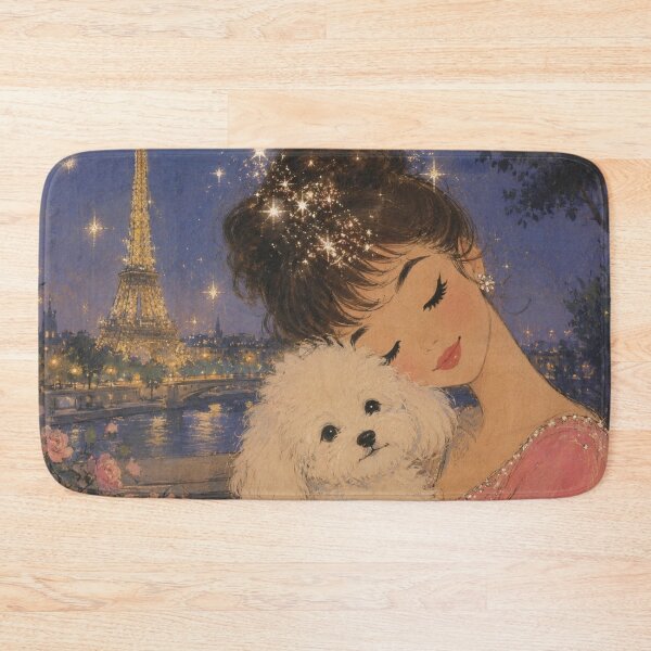 Item preview, Paris Night with Bichon Frise – Romantic Eiffel Tower Vintage Illustration designed and sold by CaseyMichelleArt.