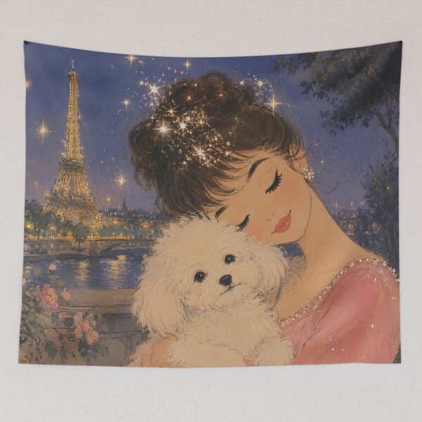 Item preview, Paris Night with Bichon Frise – Romantic Eiffel Tower Vintage Illustration designed and sold by CaseyMichelleArt.