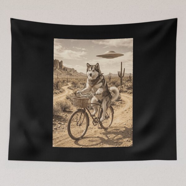 Item preview, Alaskan Malamute Riding Bike Wild West Western UFO Dog Lover designed and sold by dian-rody-crest.