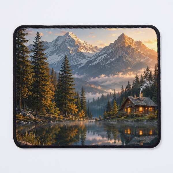 Item preview, Mountain Cabin Lake Wall Art | Cozy Rustic Forest Landscape | Snowy Mountain Nature Print | Lodge & Cabin Decor designed and sold by AbstractAuraArt.