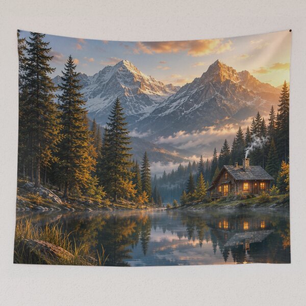 Item preview, Mountain Cabin Lake Wall Art | Cozy Rustic Forest Landscape | Snowy Mountain Nature Print | Lodge & Cabin Decor designed and sold by AbstractAuraArt.