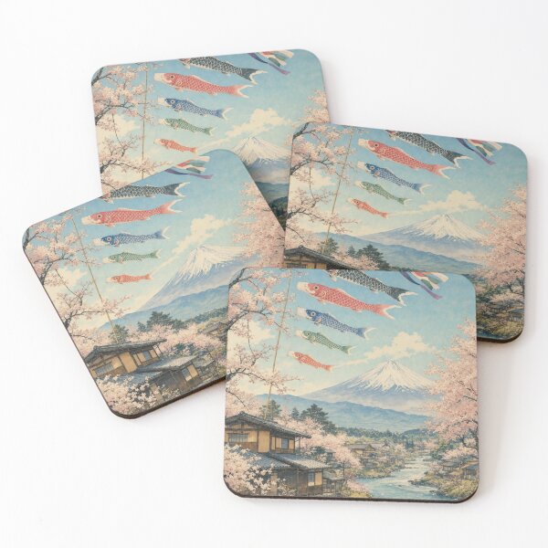 Item preview, Koinobori and Mount Fuji in Spring – Japanese Village and Sakura Landscape designed and sold by vekotpu.
