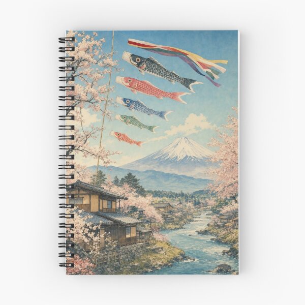 Item preview, Koinobori and Mount Fuji in Spring – Japanese Village and Sakura Landscape designed and sold by vekotpu.